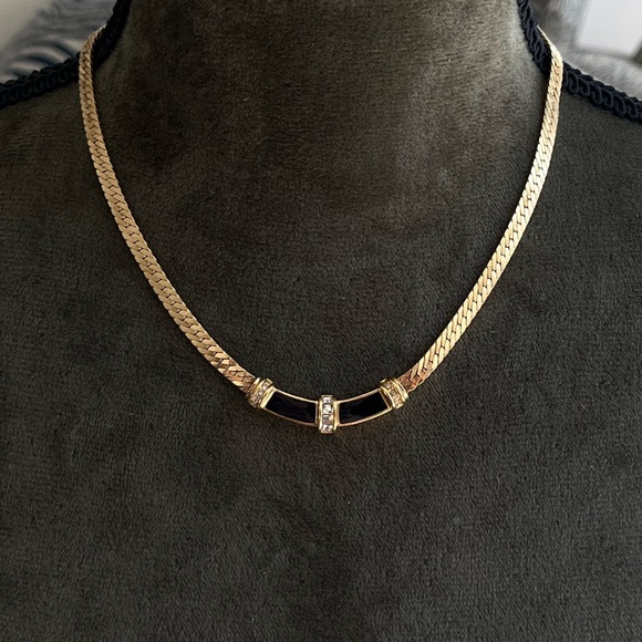 Vintage Christian Dior Black Enamel Hoop Smile Rhinestone Stripe Gold Necklace - Picture 1 of 12